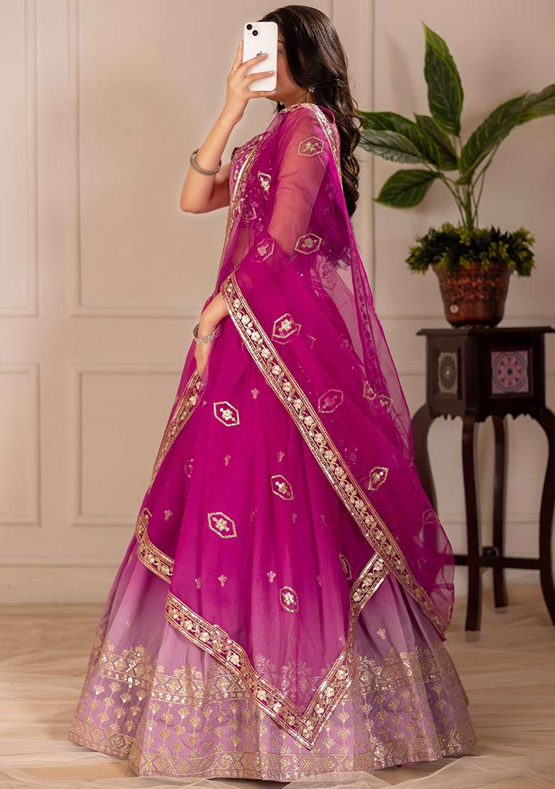 Pink Sequence Embroidery Silk Blend Lehenga Set With Dupatta for Diwali and Festive Wear - Indya