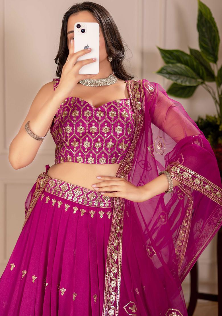 Pink Sequence Embroidery Silk Lehenga Set With Dupatta - Indya
