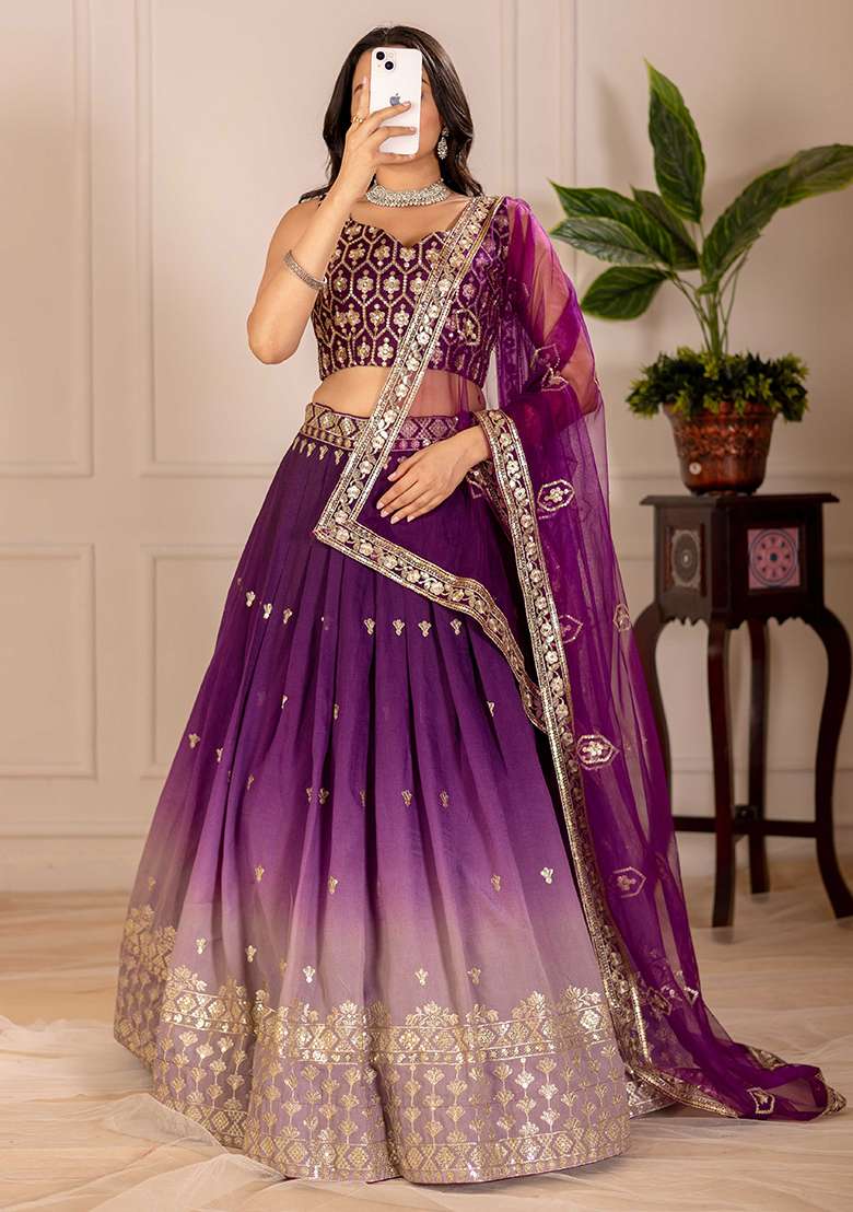 Wine Sequence Embroidery Silk Blend Lehenga Set With Dupatta for Diwali and Festive Wear - Indya