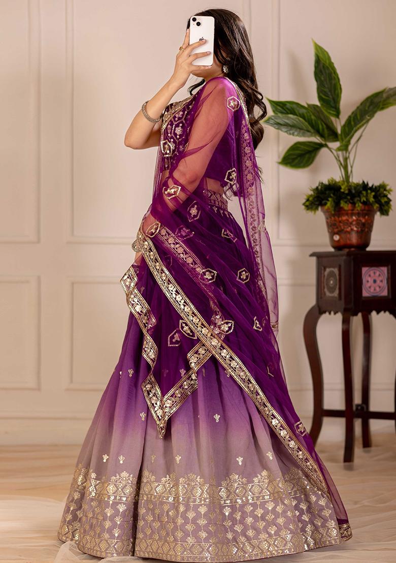 Wine Sequence Embroidery Silk Lehenga Set With Dupatta - Indya