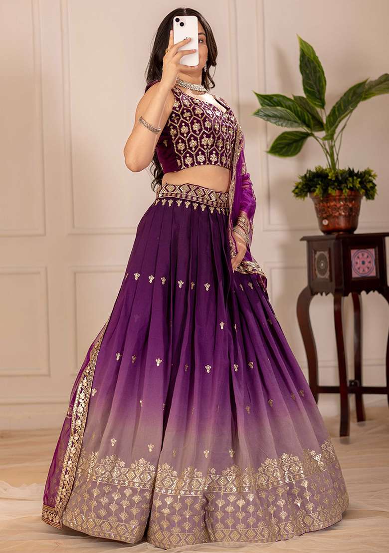 Wine Sequence Embroidery Silk Blend Lehenga Set With Dupatta for Diwali and Festive Wear - Indya
