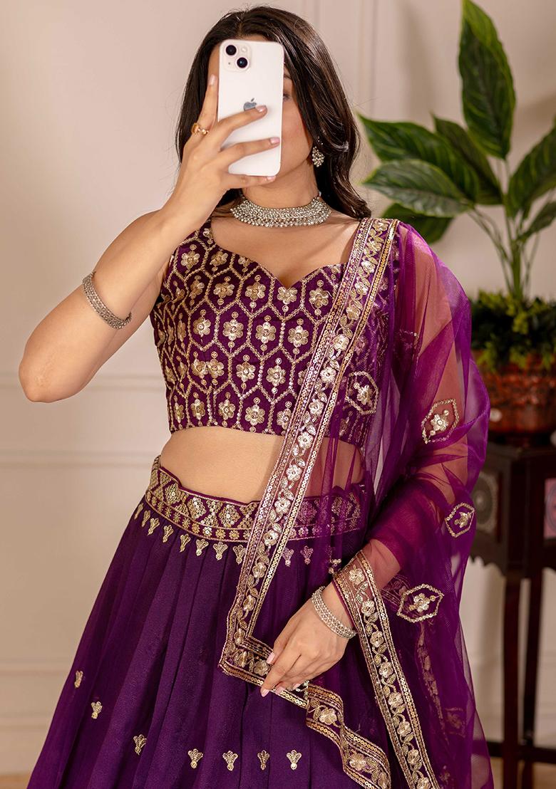 Wine Sequence Embroidery Silk Lehenga Set With Dupatta - Indya