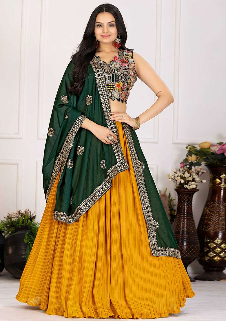 Yellow Embroidered Georgette Lehenga Set With Dupatta for Diwali and Festive Wear - Indya