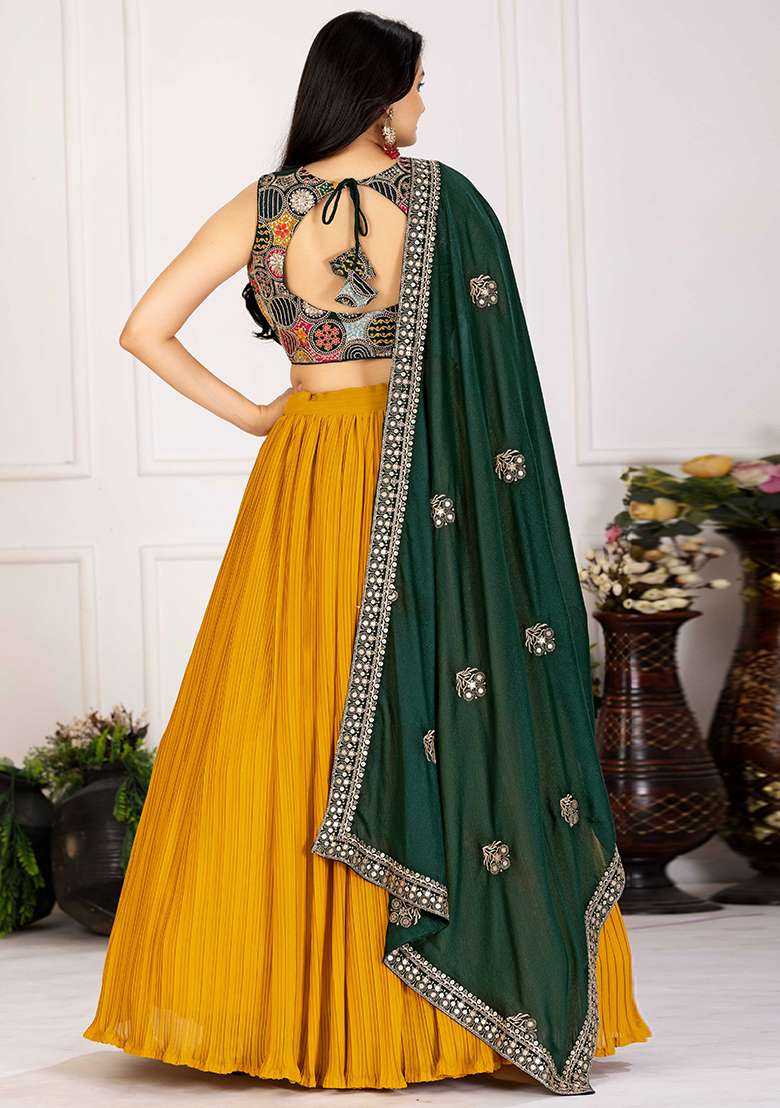 Yellow Embroidered Georgette Lehenga Set With Dupatta for Diwali and Festive Wear - Indya