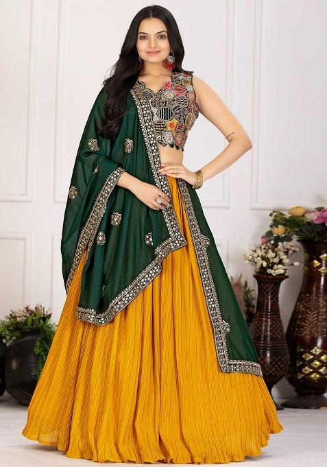 Yellow Embroidered Georgette Lehenga Set With Dupatta