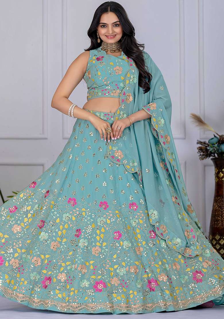 Blue Sequence Embroidery Georgette Lehenga Set With Dupatta - Indya