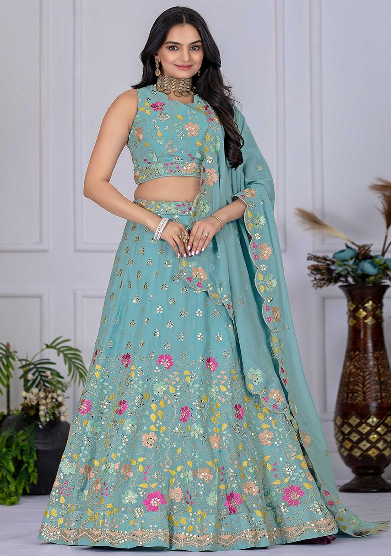 Blue Sequence Embroidery Georgette Lehenga Set With Dupatta - Indya