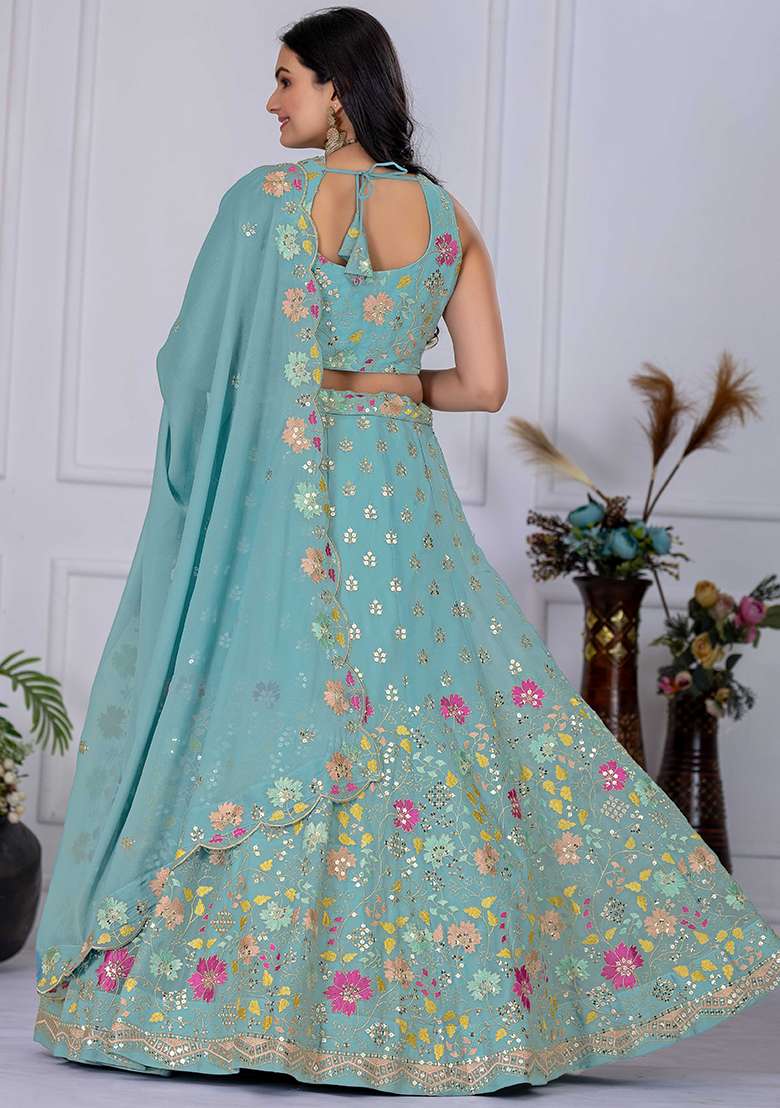 Blue Sequence Embroidery Georgette Lehenga Set With Dupatta - Indya