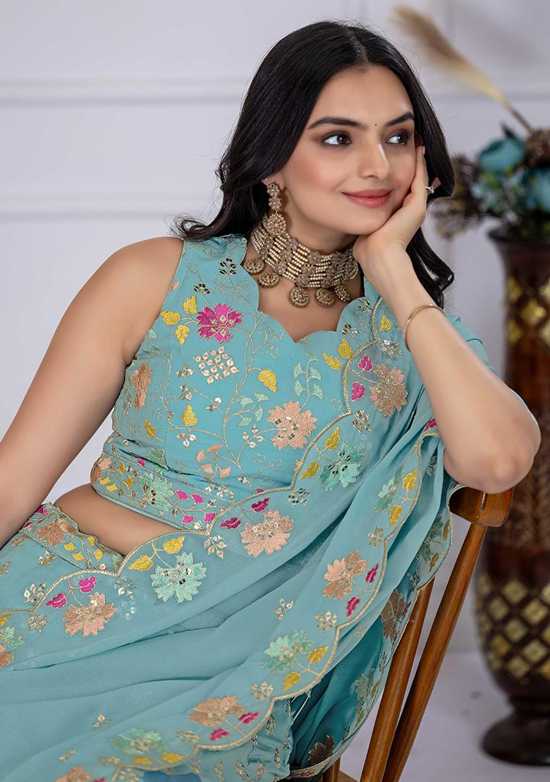 Blue Sequence Embroidery Georgette Lehenga Set With Dupatta - Indya