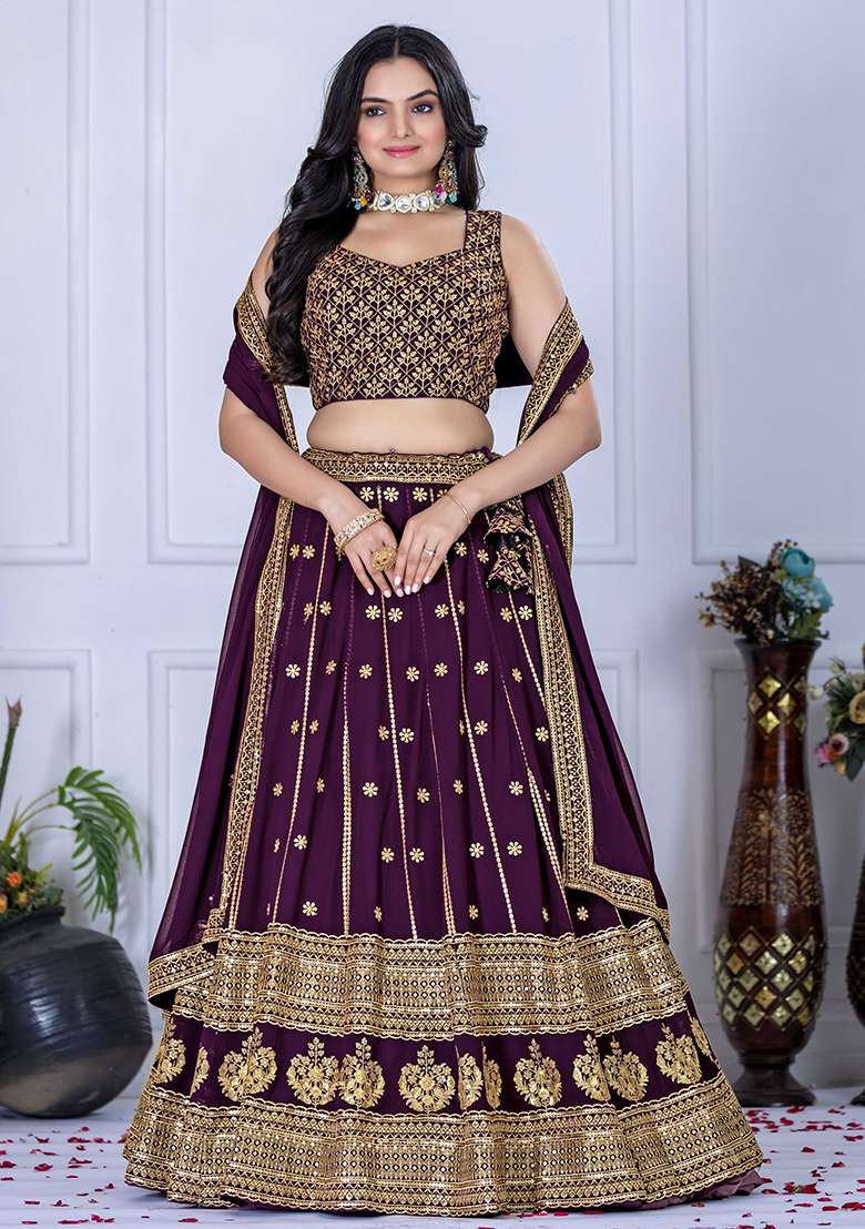 Wine Sequence With Dupatta Georgette Lehenga Set with Embroidery for Diwali | Wedding & Festive Wear - Indya