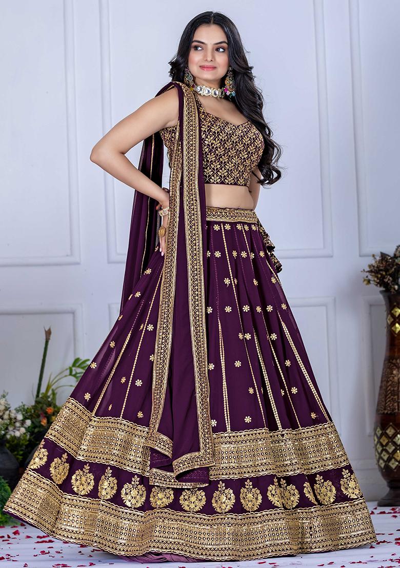 Wine Sequence Embroidery Georgette Lehenga Set With Dupatta - Indya