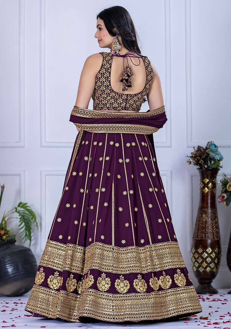 Wine Sequence With Dupatta Georgette Lehenga Set with Embroidery for Diwali | Wedding & Festive Wear - Indya