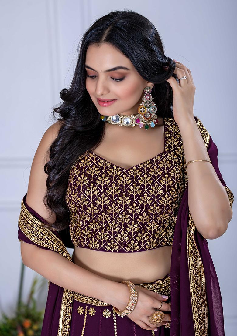 Wine Sequence Embroidery Georgette Lehenga Set With Dupatta - Indya