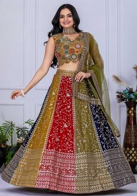 Multi Color Sequence Embroidery Georgette Lehenga Set With Dupatta