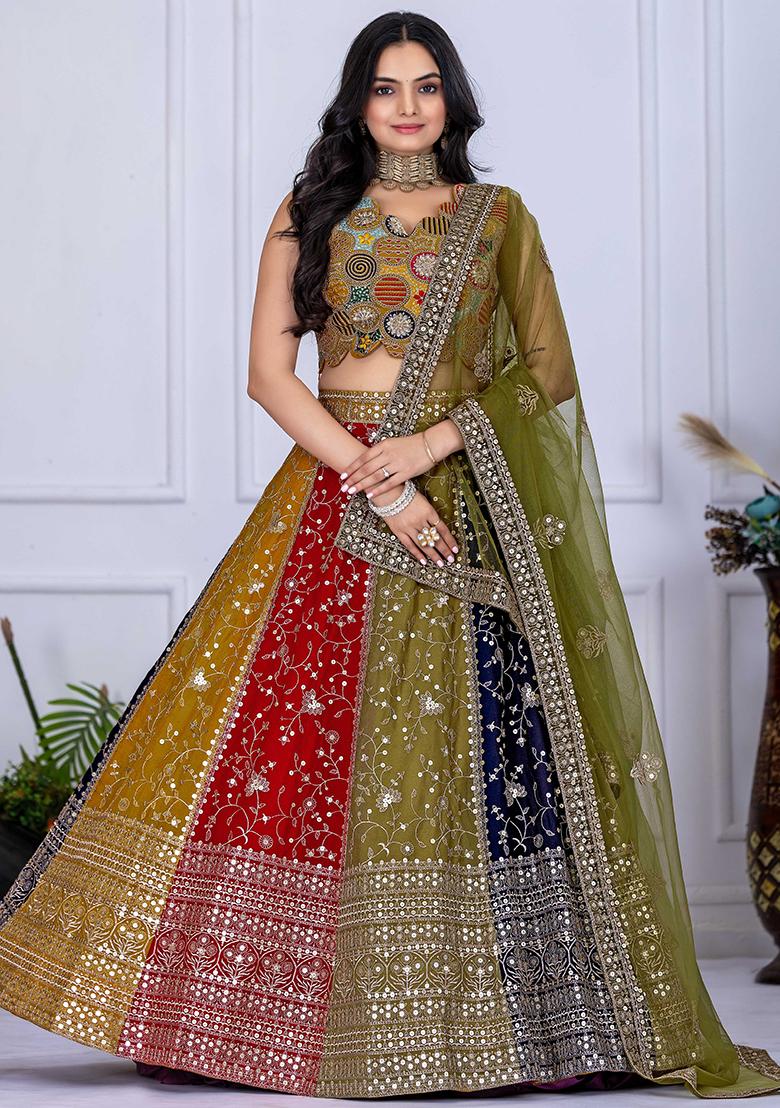 Multi Color Sequence Embroidery Georgette Lehenga Set With Dupatta - Indya