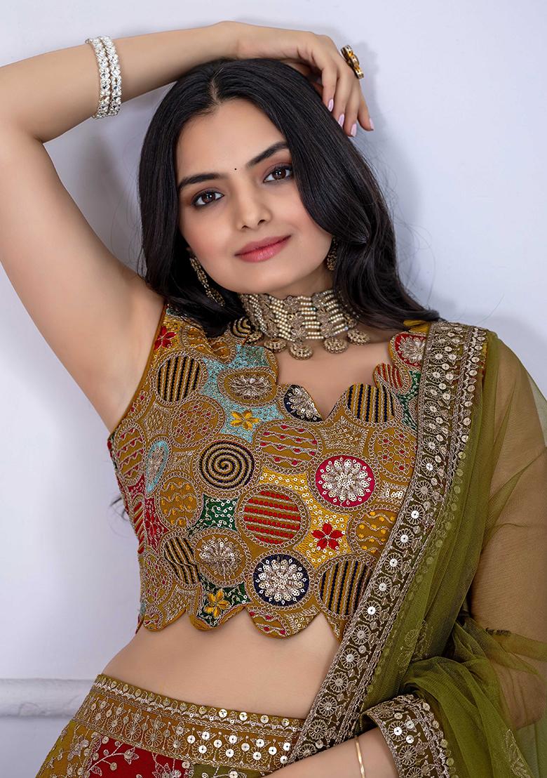 Multi Color Sequence Embroidery Georgette Lehenga Set With Dupatta - Indya