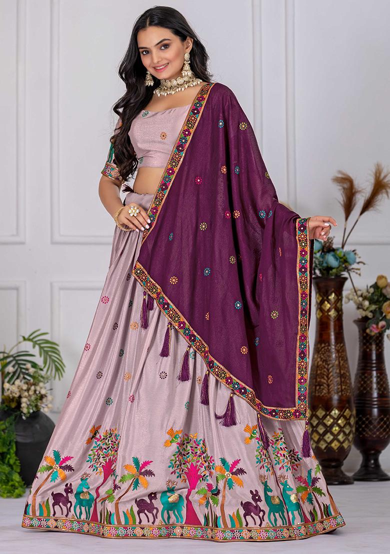 Wine Sequence Embroidery Chinon Lehenga Set With Dupatta - Indya