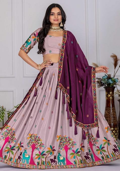 Wine Sequence Embroidery Chinon Lehenga Set With Dupatta