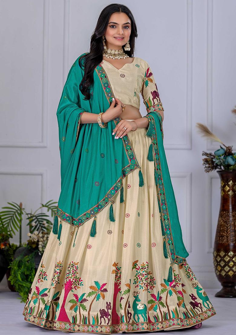 Blue Sequence Embroidery Chinon Lehenga Set With Dupatta - Indya