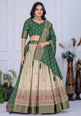 Green Embroidered Jacquard Lehenga Set With Dupatta