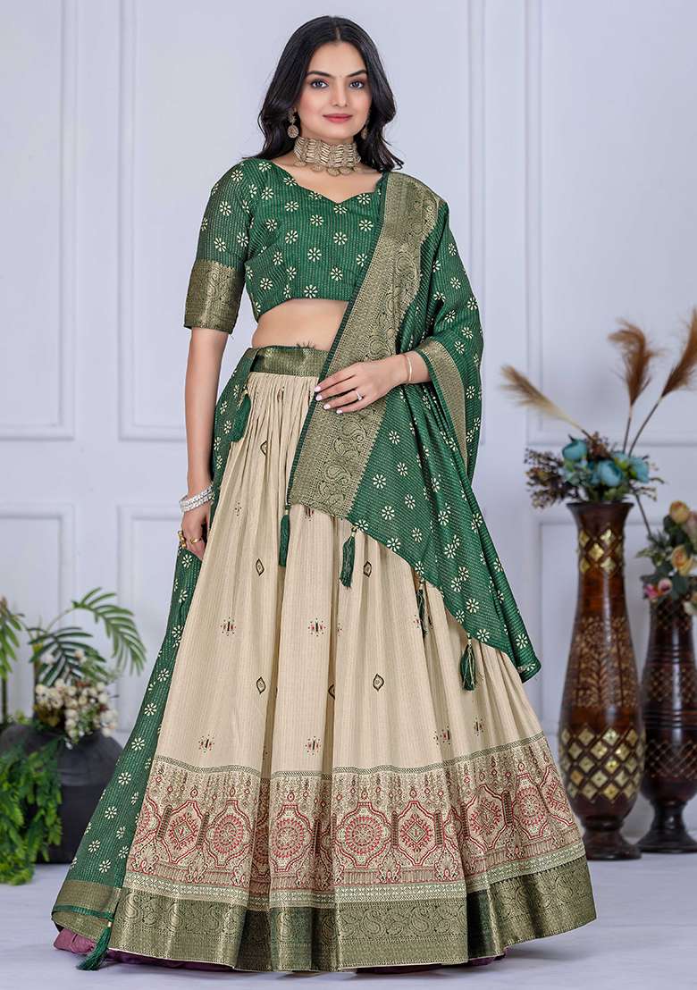 Green With Dupatta Jacquard Lehenga Set with Embroidered for Diwali | Wedding & Festive Wear - Indya