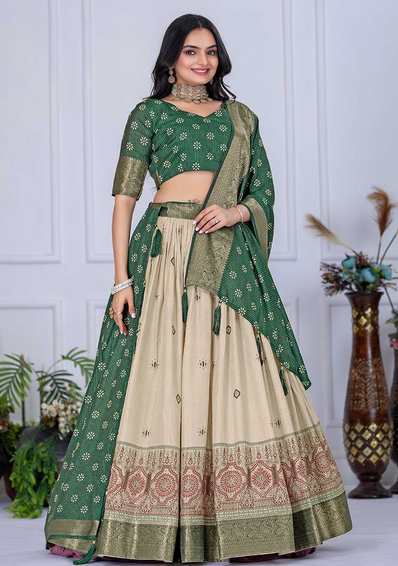 Green Embroidered Jacquard Lehenga Set With Dupatta - Indya