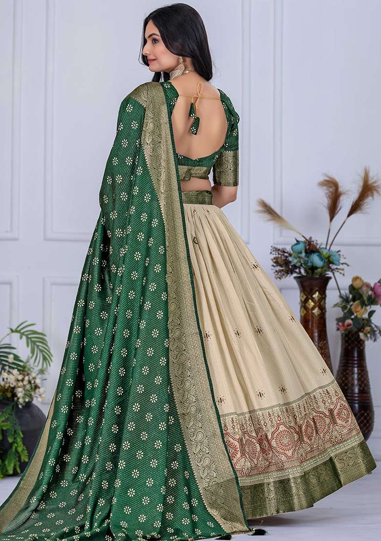 Green With Dupatta Jacquard Lehenga Set with Embroidered for Diwali | Wedding & Festive Wear - Indya