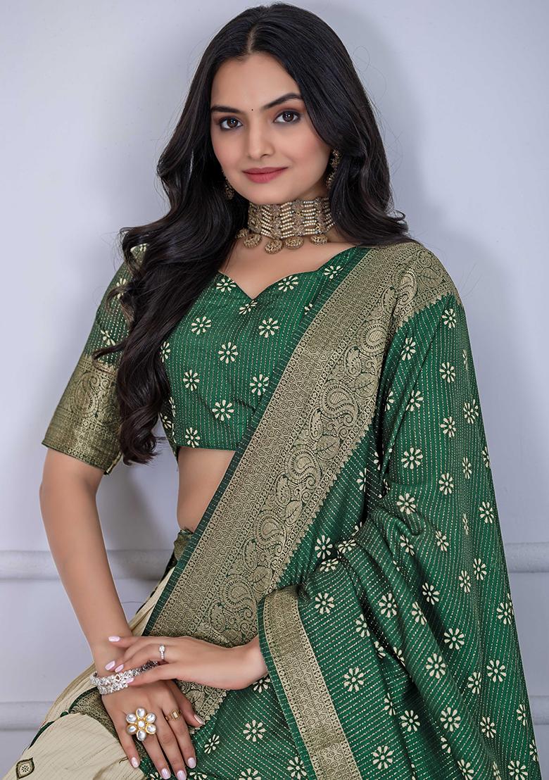 Green Embroidered Jacquard Lehenga Set With Dupatta - Indya