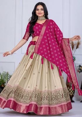 Pink Embroidered Jacquard Lehenga Set With Dupatta