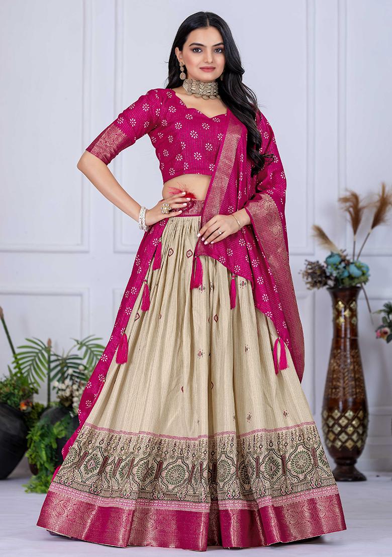 Pink Embroidered Jacquard Lehenga Set With Dupatta - Indya