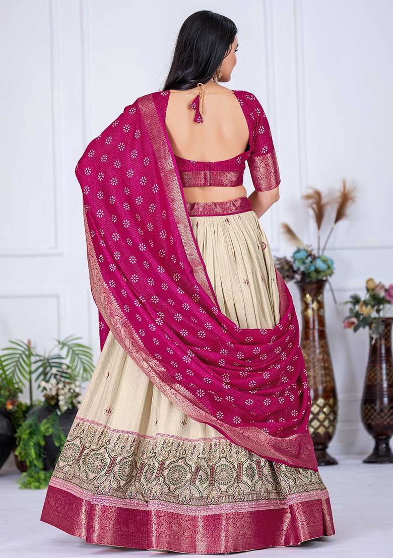 Pink With Dupatta Jacquard Lehenga Set with Embroidered for Diwali | Wedding & Festive Wear - Indya