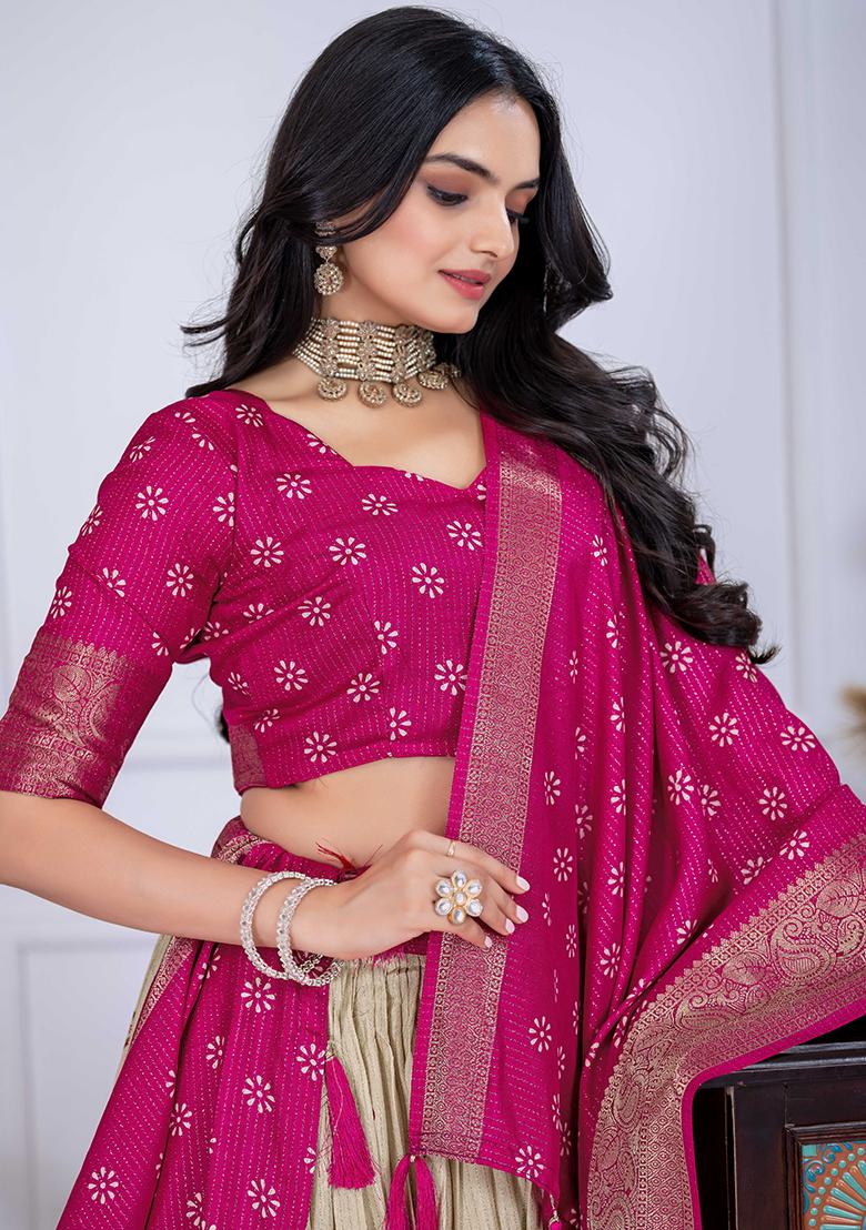Pink Embroidered Jacquard Lehenga Set With Dupatta - Indya