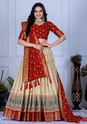 Red Embroidered Jacquard Lehenga Set With Dupatta