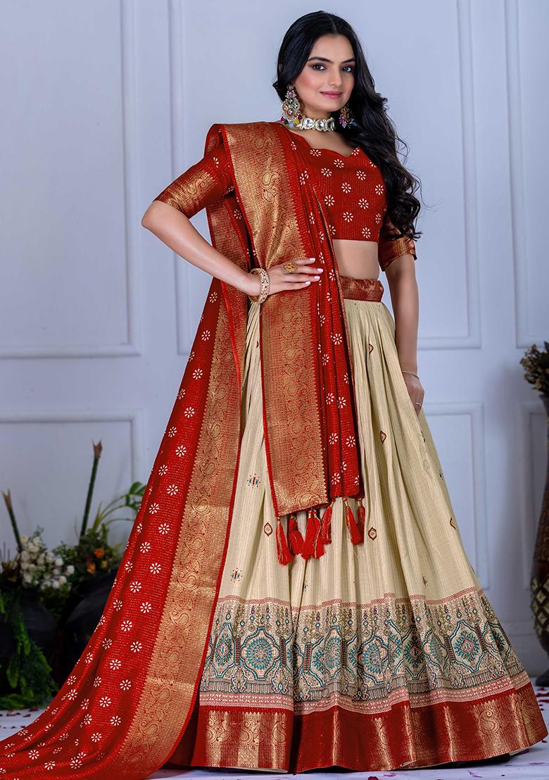 Red Embroidered Jacquard Lehenga Set With Dupatta - Indya