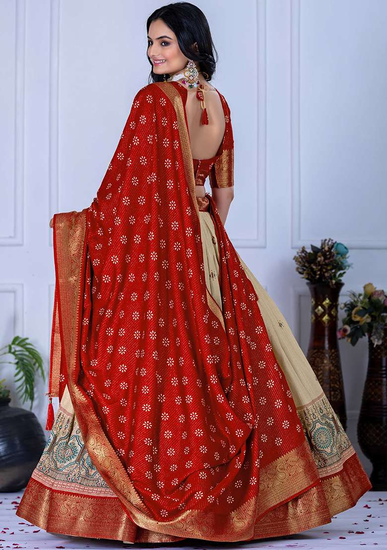 Red With Dupatta Jacquard Lehenga Set with Embroidered for Diwali | Wedding & Festive Wear - Indya