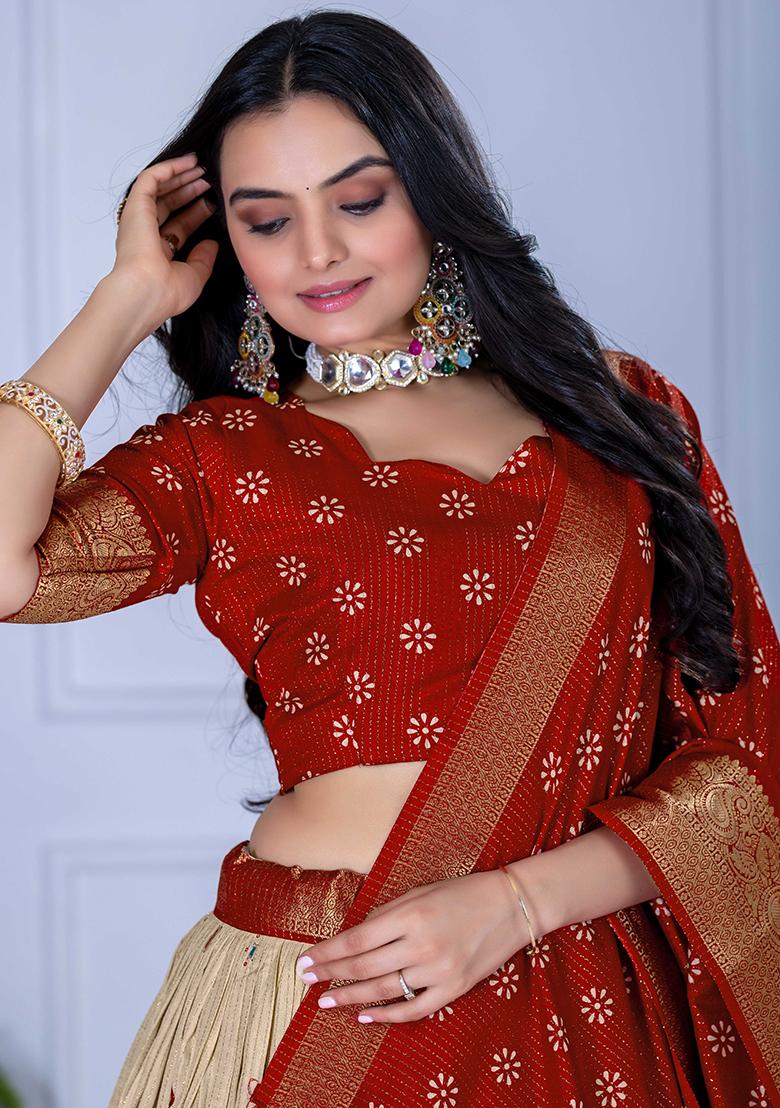 Red Embroidered Jacquard Lehenga Set With Dupatta - Indya