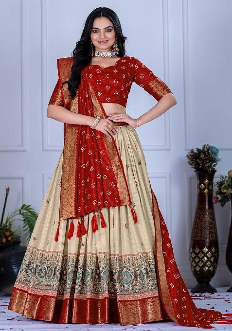 Red Embroidered Jacquard Lehenga Set With Dupatta