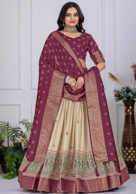 Wine Embroidered Jacquard Lehenga Set With Dupatta