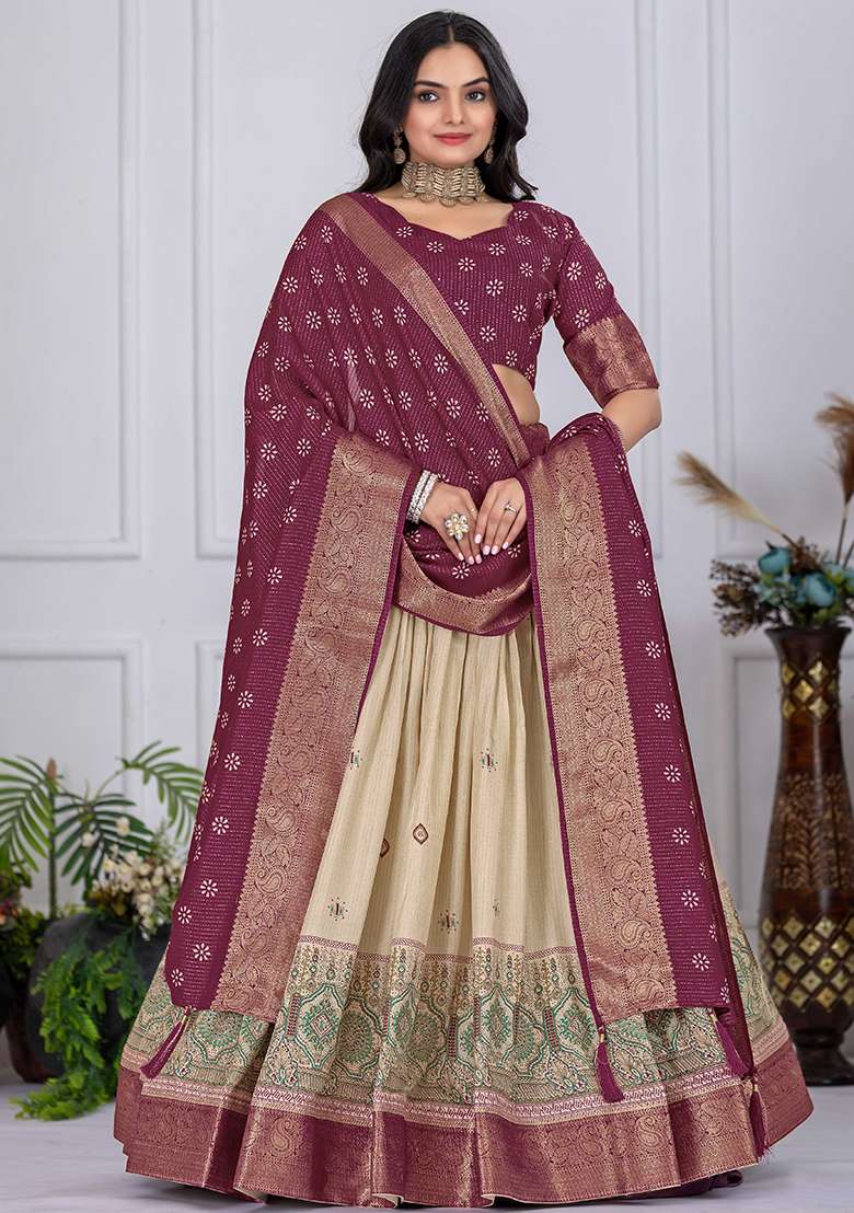 Wine Embroidered Jacquard Lehenga Set With Dupatta for Diwali and Festive Wear - Indya