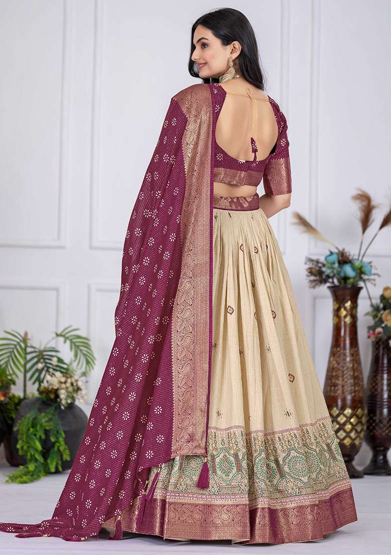 Wine Embroidered Jacquard Lehenga Set With Dupatta for Diwali and Festive Wear - Indya