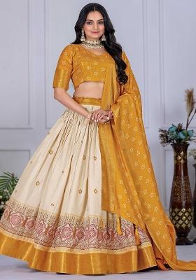 Yellow Embroidered Jacquard Lehenga Set With Dupatta