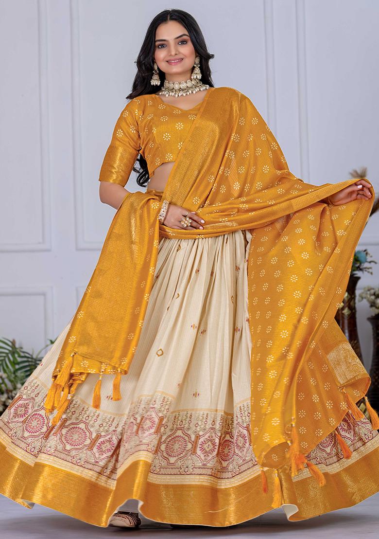 Yellow Embroidered Jacquard Lehenga Set With Dupatta - Indya