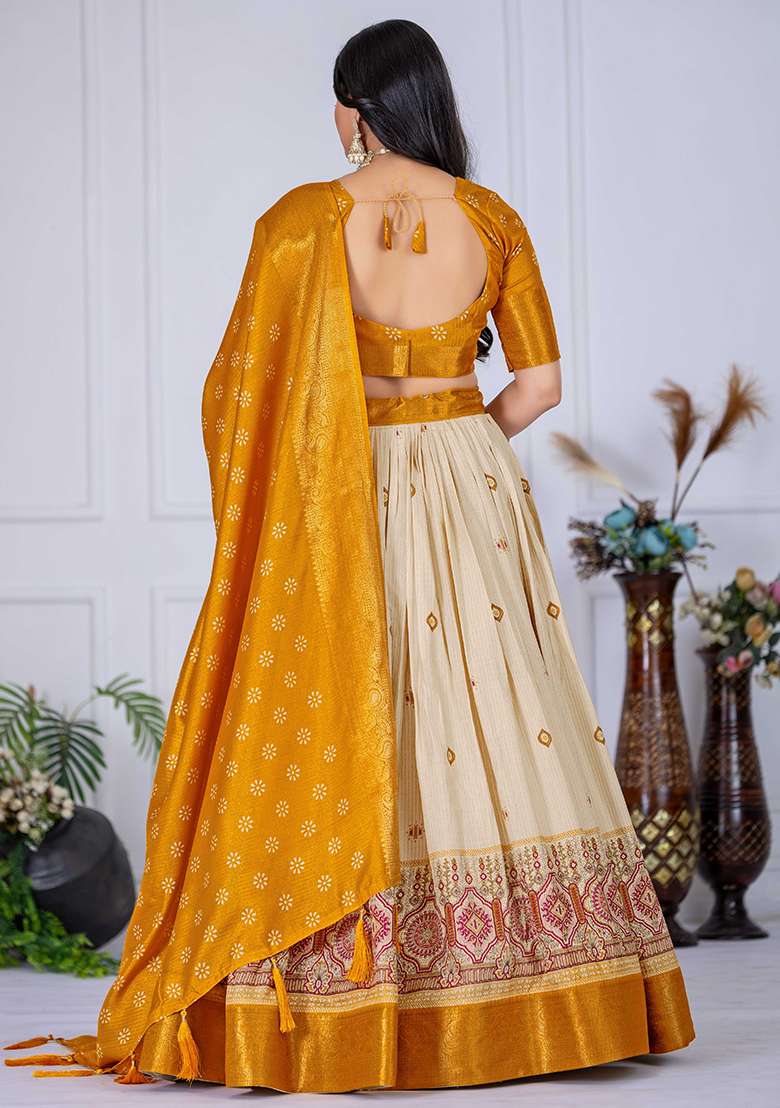 Yellow With Dupatta Jacquard Lehenga Set with Embroidered for Diwali | Wedding & Festive Wear - Indya
