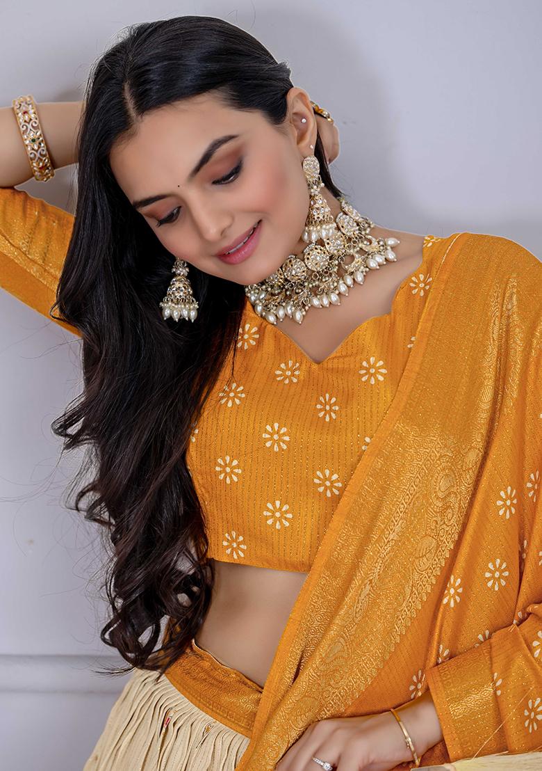 Yellow Embroidered Jacquard Lehenga Set With Dupatta - Indya