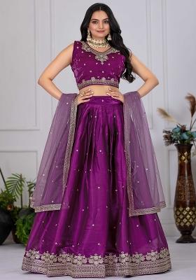 Wine Sequence Embroidery Net Lehenga Set With Dupatta