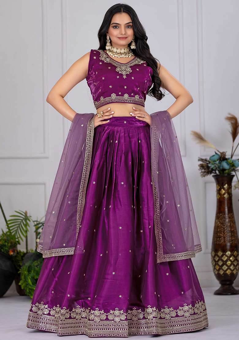 Wine Sequence With Dupatta Net Lehenga Set with Embroidery for Diwali | Wedding & Festive Wear - Indya