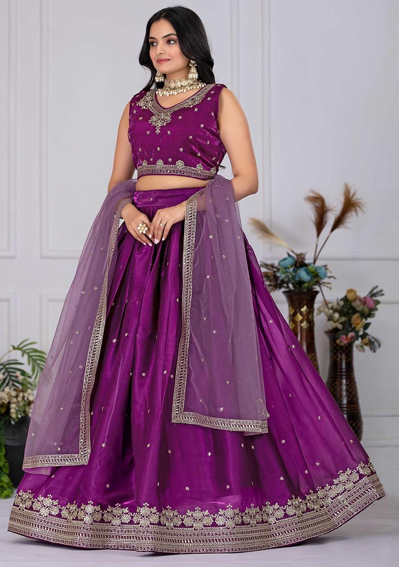 Wine Sequence Embroidery Net Lehenga Set With Dupatta - Indya