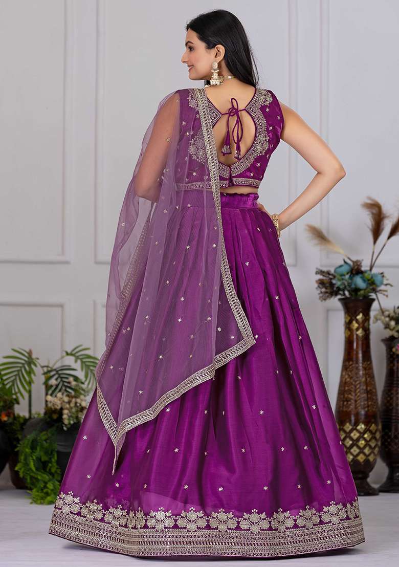 Wine Sequence With Dupatta Net Lehenga Set with Embroidery for Diwali | Wedding & Festive Wear - Indya