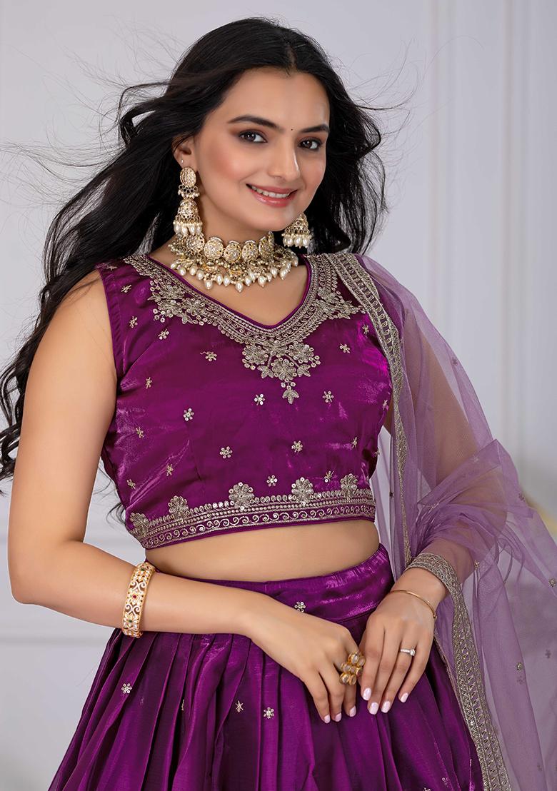 Wine Sequence Embroidery Net Lehenga Set With Dupatta - Indya