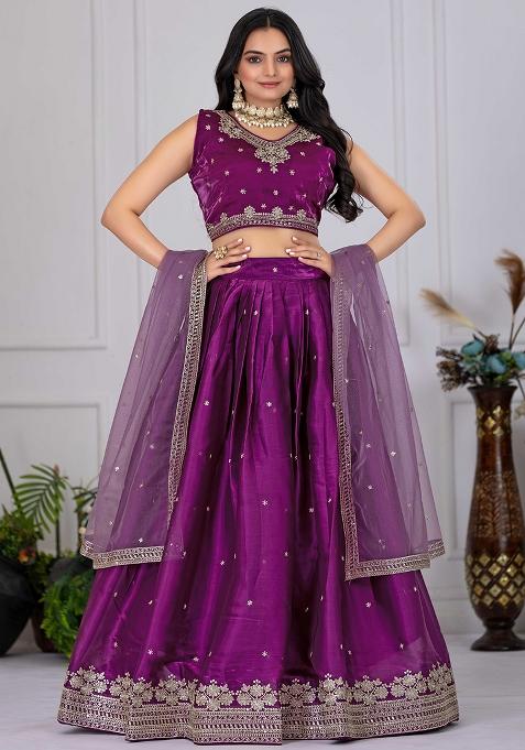 Wine Sequence Embroidery Net Lehenga Set With Dupatta